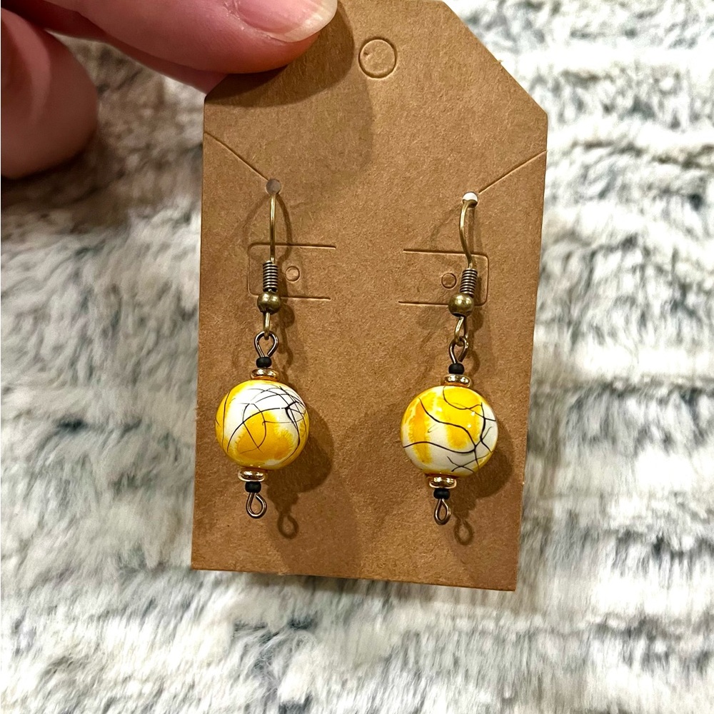 Artisan Yellow and Black Swirl Ceramic Bronze Earrings